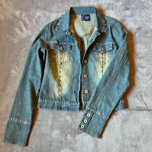 Zana Di Jeans Distressed Medium Wash Denim Antik Stitch Y2K Jacket Size L